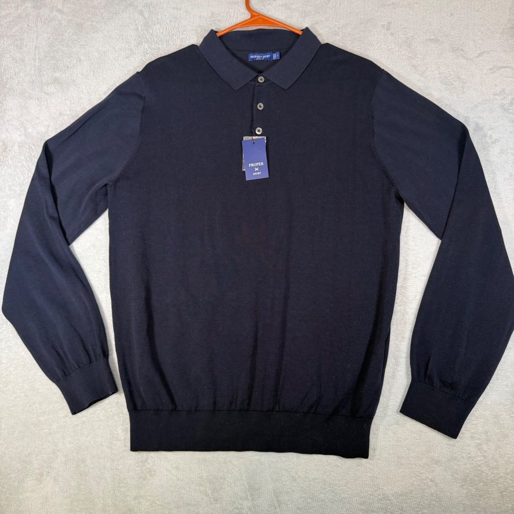 Proper Sport Mens Navy Blue Cotton Silk Long Sleeve Polo Sweater Size L NWT